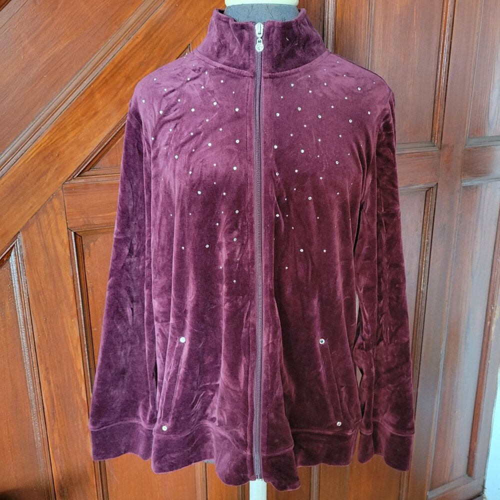 Karen Scott Sport Womens Burgundy Velour Jacket With Rhinestone Accents Size L